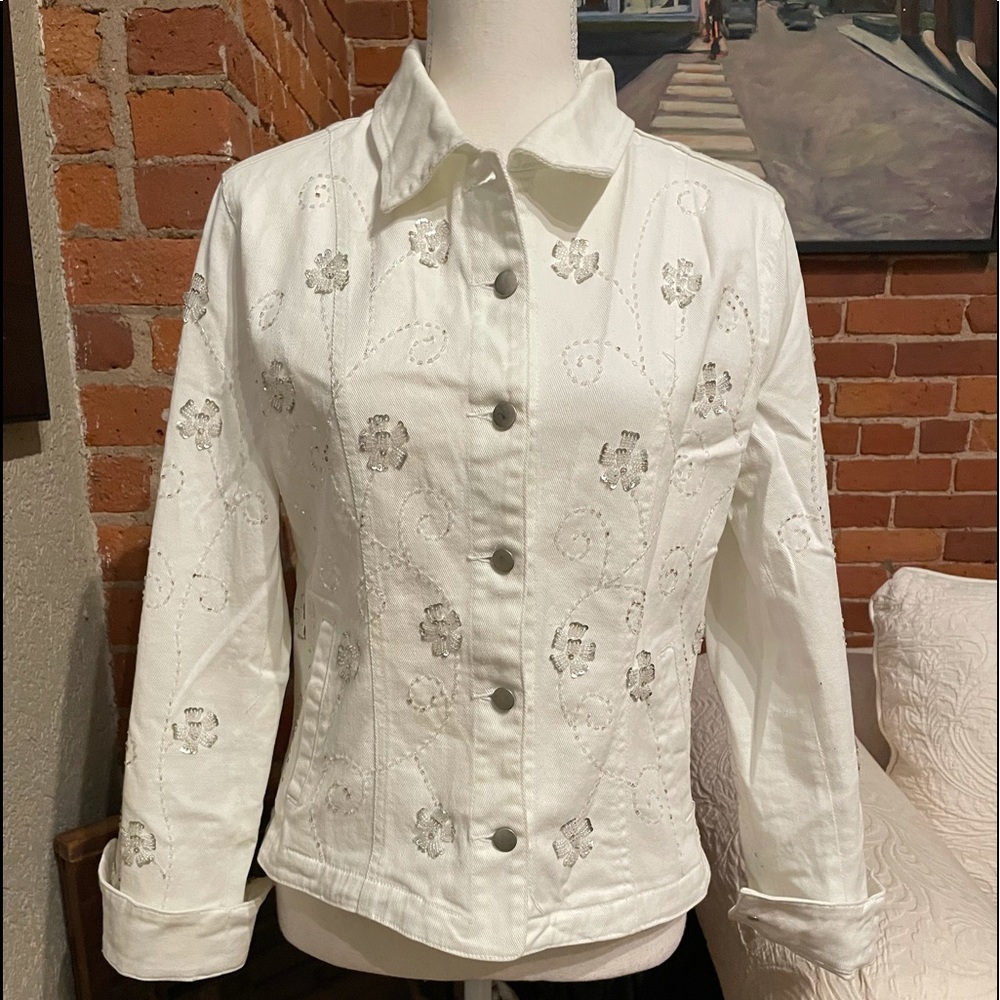 EUC Flashback Floral Beaded White Denim Jacket